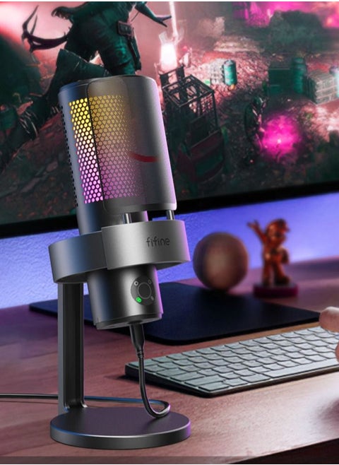 Gaming USB Microphone for PC PS5, FIFINE A9 Condenser Mic with Quick Mute, RGB Indicator, Strong Steel Stand, Pop Filter, Shock Mount, Gain Control for Streaming Discord Twitch Podcasts Videos- A9