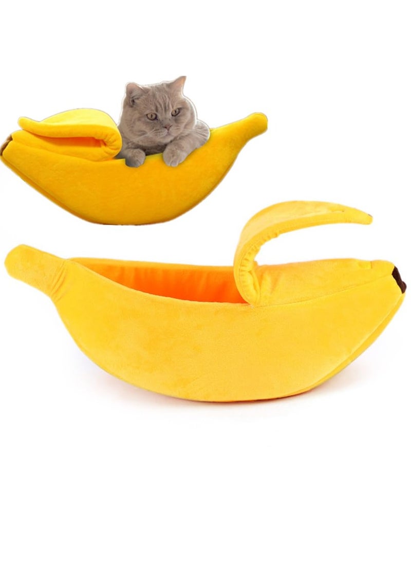 Banana Cat House Cat Banana Bed Pet Bed Banana Shape Kitten Cat Sleeping House Warm Plush Soft Puppy Dog Cushion Mats (L) - Image 1