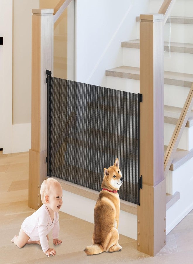 JSQBSECL Retractable Baby Gate, Pet Gate for Stairs, Mesh Dog Gate for Doorways, Safety Locking Gates for Baby Indoor, Stair Gate for Outdoor, Hallways, Doorways (Black, 55 inch) - Image 1