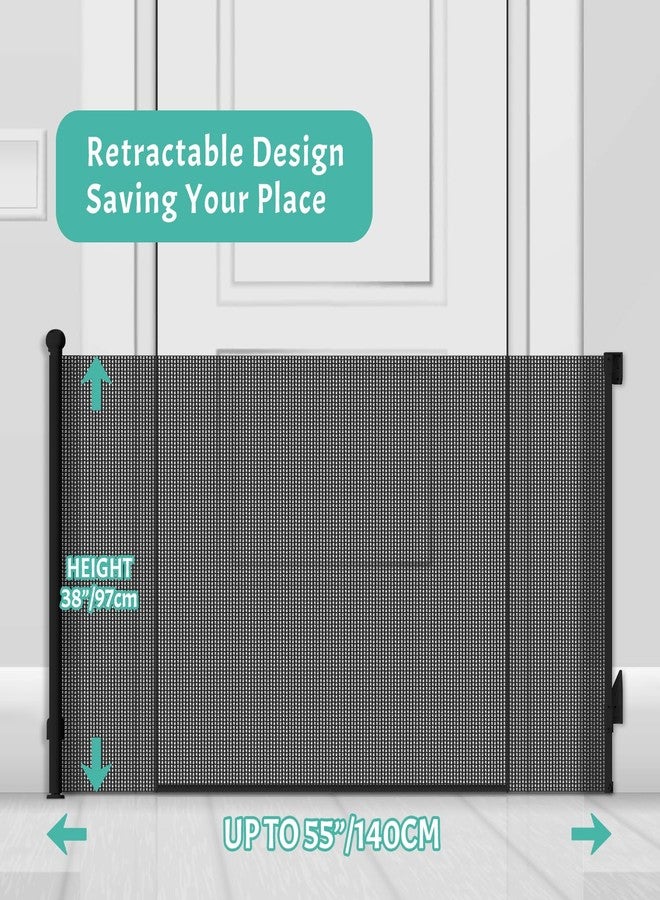 JSQBSECL Retractable Baby Gate, Pet Gate for Stairs, Mesh Dog Gate for Doorways, Safety Locking Gates for Baby Indoor, Stair Gate for Outdoor, Hallways, Doorways (Black, 55 inch) - Image 2
