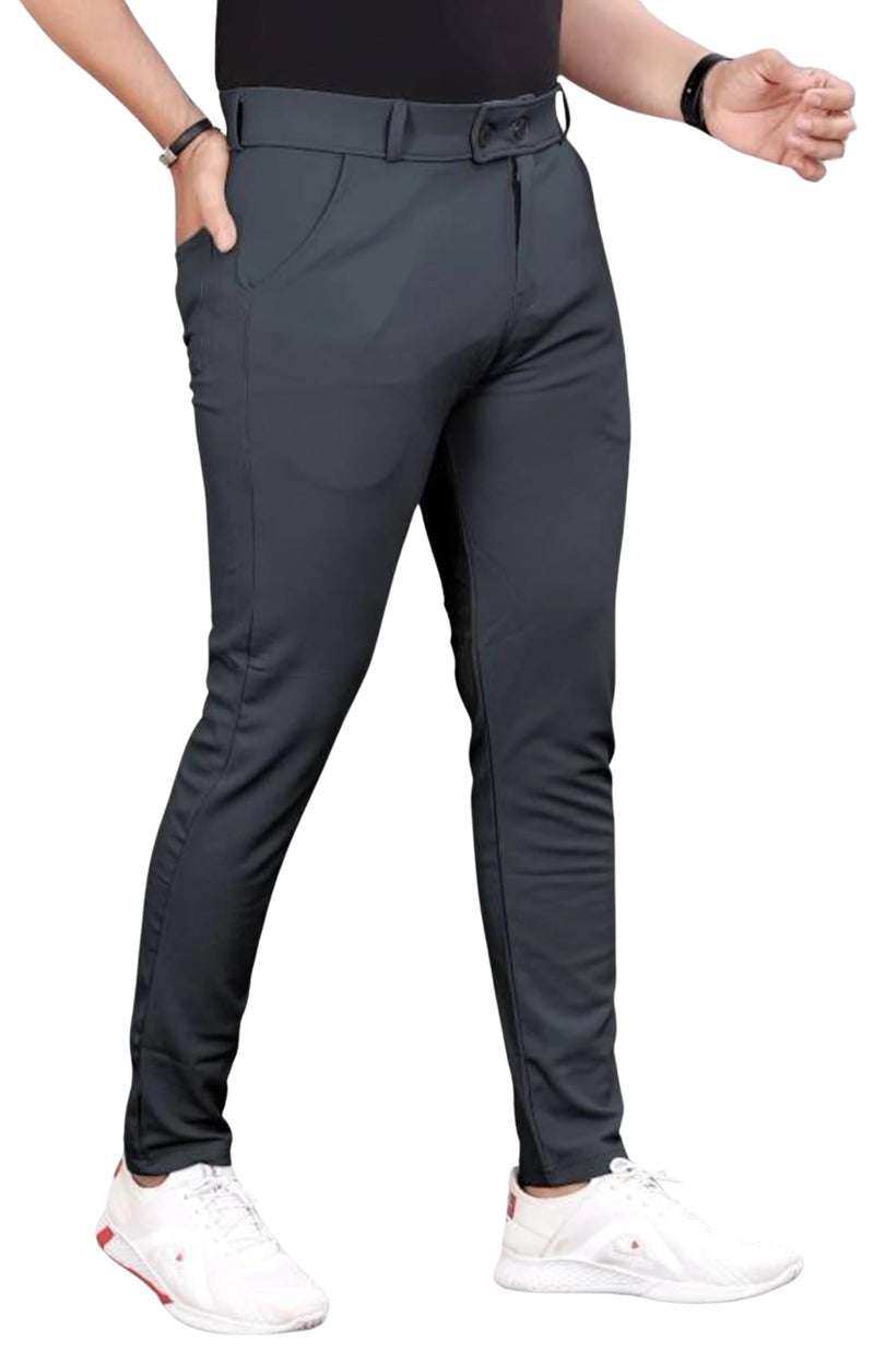 NoseQueen Men's Slim Fit Cargo Trousers | Stretchable Formal Men Trousers | Stylish Slim Fit Trouser for Men | Polycotton Knitted Fabric Pant for Man Dark Grey - Image 3