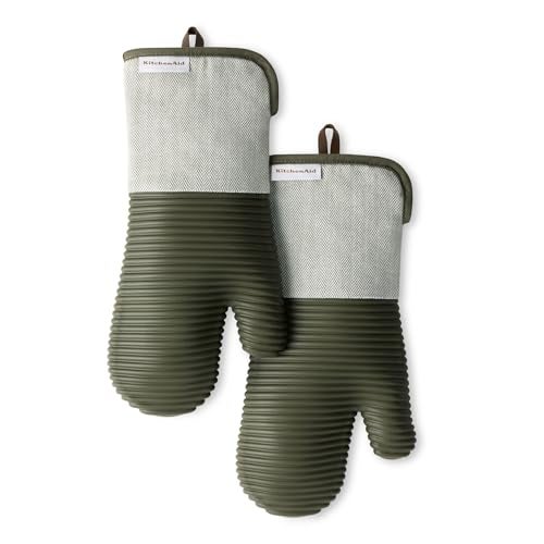 KITCHENAID Evergreen Design Series Herringbone Ribbed Soft Silicone Oven Mitts 2Pack Set Heat Resistant up to 500F Flexible Waterproof Deep Forest Green 7x14 - Image 1