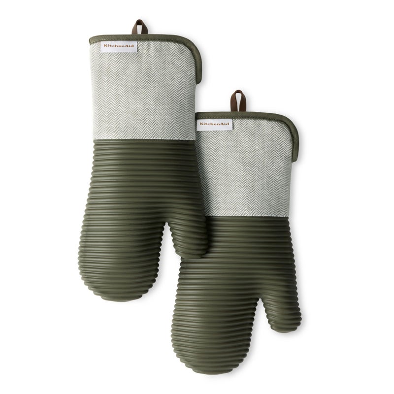 KITCHENAID Evergreen Design Series Herringbone Ribbed Soft Silicone Oven Mitts 2Pack Set Heat Resistant up to 500F Flexible Waterproof Deep Forest Green 7x14 - Image 2