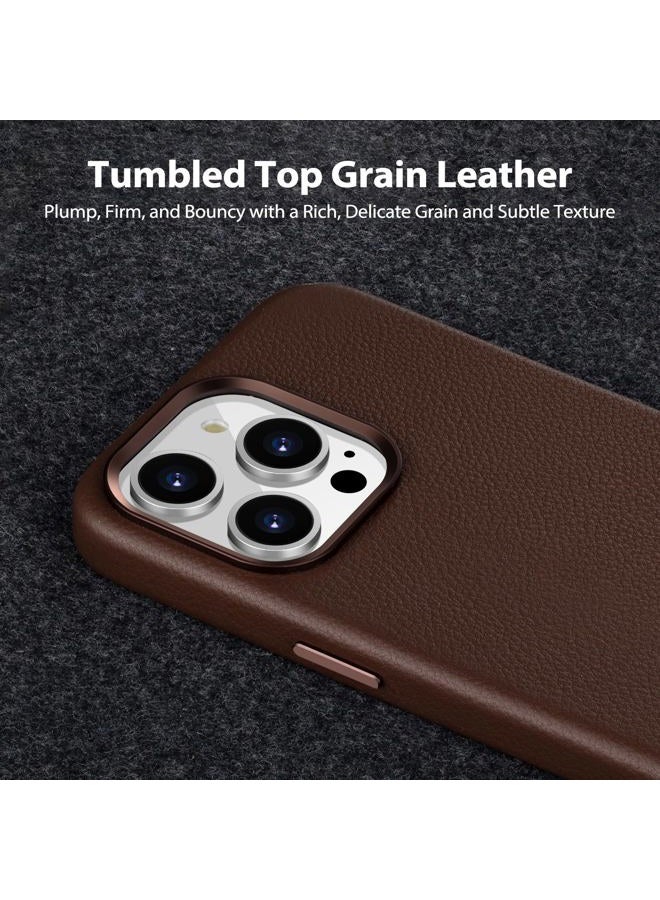 Belemay Compatible with iPhone 13 Pro Max Leather Case, Compatible with MagSafe - Luxury Tumbled Leather - Metal Buttons & Lens Protector - Slim Fit&Durable - Distinctive Texture (6.7-inch) - Brown - Image 2