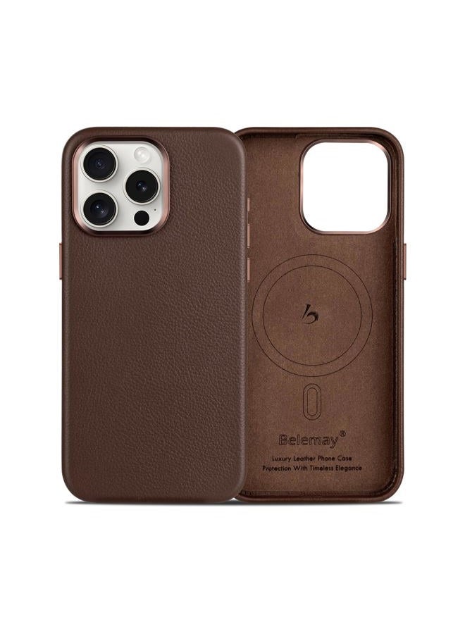 Belemay Compatible with iPhone 13 Pro Max Leather Case, Compatible with MagSafe - Luxury Tumbled Leather - Metal Buttons & Lens Protector - Slim Fit&Durable - Distinctive Texture (6.7-inch) - Brown - Image 1