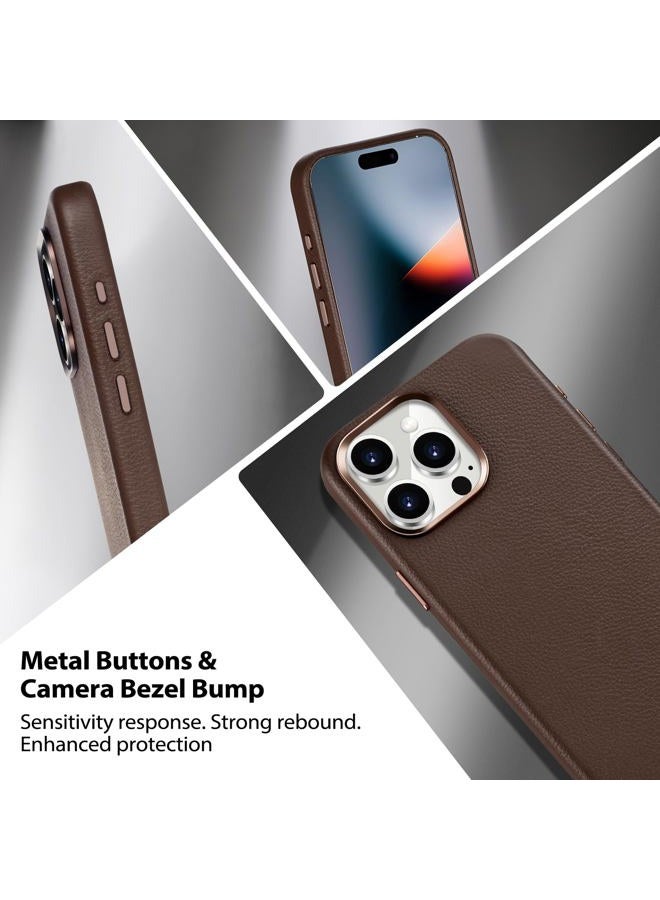 Belemay Compatible with iPhone 13 Pro Max Leather Case, Compatible with MagSafe - Luxury Tumbled Leather - Metal Buttons & Lens Protector - Slim Fit&Durable - Distinctive Texture (6.7-inch) - Brown - Image 3