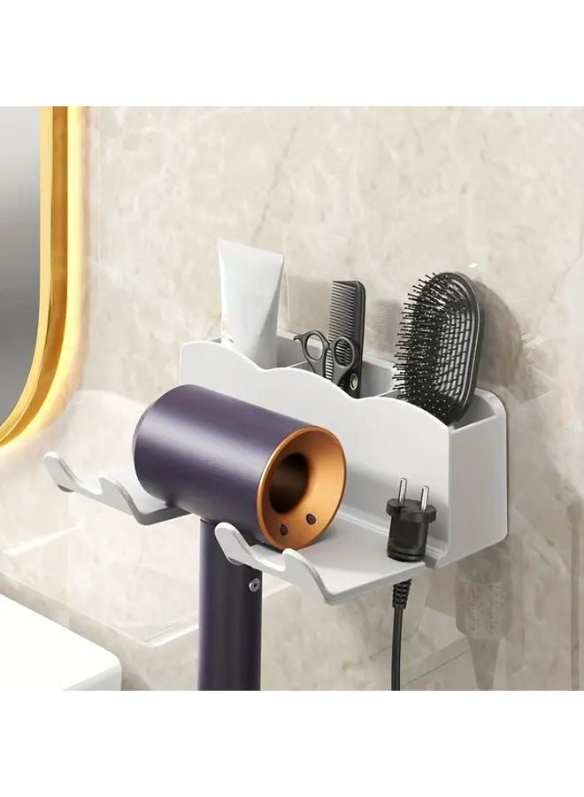 White 2 In 1 Wall Mounted Hair Dryer Holder Storage Rack With Multiple Compartments - Image 3
