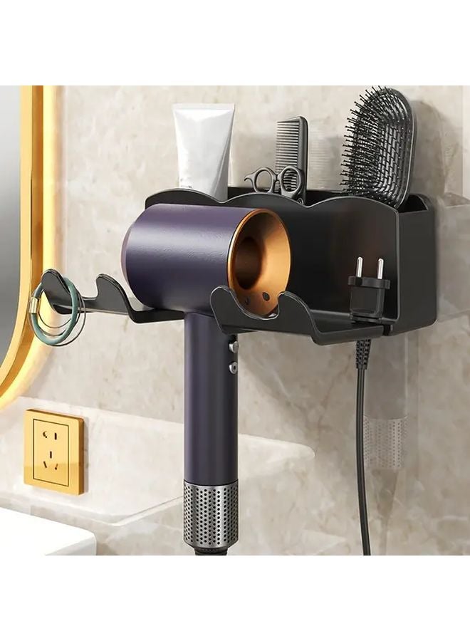 White 2 In 1 Wall Mounted Hair Dryer Holder Storage Rack With Multiple Compartments - Image 2