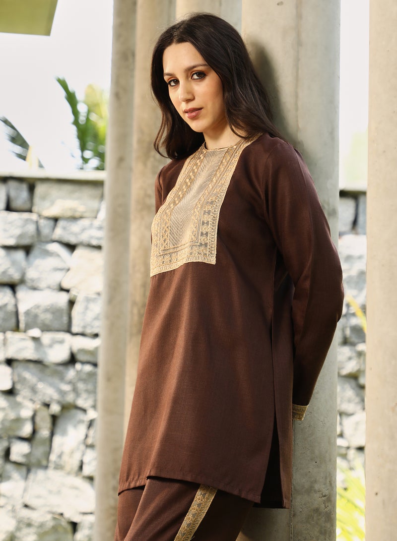 QISSA Qissa Women's Chocolate Brown Schiffli-Block Kurta Set For Casual Wear | Round Neck | Long Regular Sleeves | 2 Piece Kurta Set Designed With Comfort Fit For Everyday Ethnic Wear  - Image 3