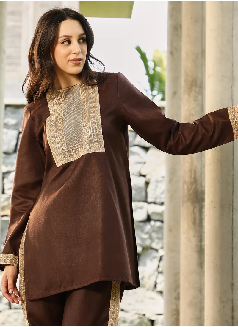 QISSA Qissa Women's Chocolate Brown Schiffli-Block Kurta Set For Casual Wear | Round Neck | Long Regular Sleeves | 2 Piece Kurta Set Designed With Comfort Fit For Everyday Ethnic Wear