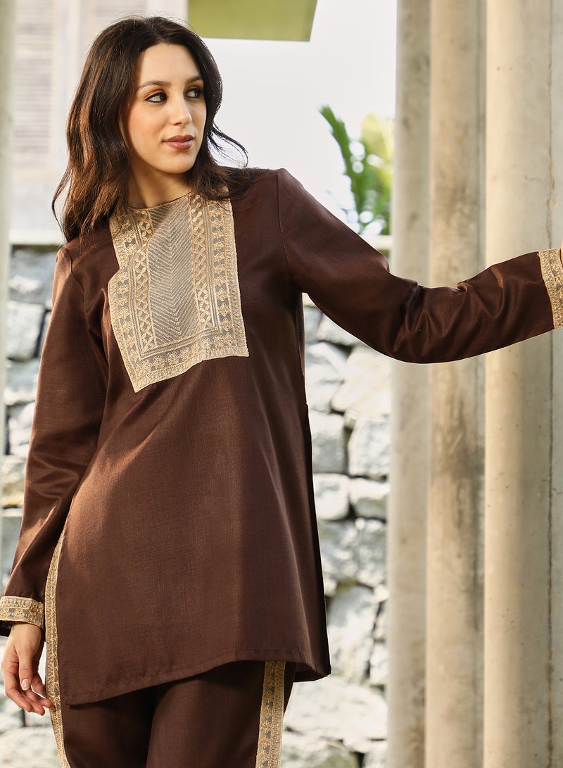 QISSA Qissa Women's Chocolate Brown Schiffli-Block Kurta Set For Casual Wear | Round Neck | Long Regular Sleeves | 2 Piece Kurta Set Designed With Comfort Fit For Everyday Ethnic Wear  - Image 2