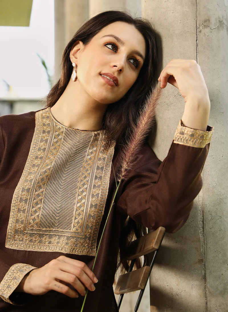 QISSA Qissa Women's Chocolate Brown Schiffli-Block Kurta Set For Casual Wear | Round Neck | Long Regular Sleeves | 2 Piece Kurta Set Designed With Comfort Fit For Everyday Ethnic Wear