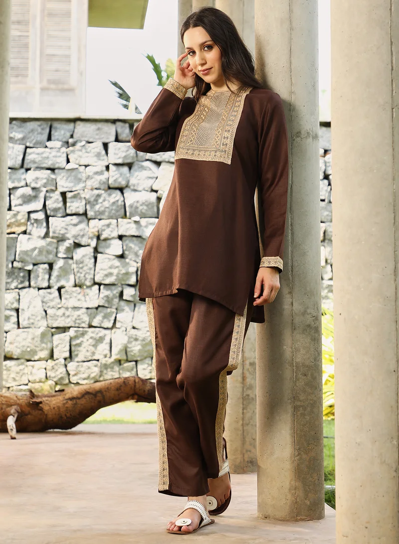 QISSA Qissa Women's Chocolate Brown Schiffli-Block Kurta Set For Casual Wear | Round Neck | Long Regular Sleeves | 2 Piece Kurta Set Designed With Comfort Fit For Everyday Ethnic Wear