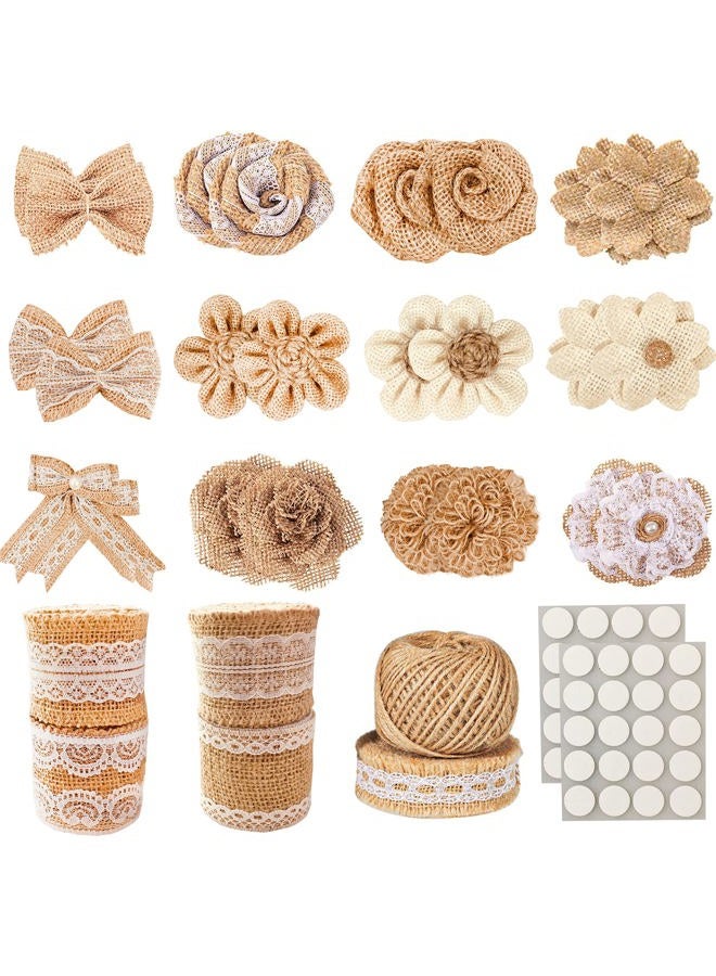 OZXCHIXU 30PCS Burlap Flowers Set Including 24 Handmade Burlap Flowers and Bowknots,5 Lace Burlap Ribbon Rolls, 1 Twine Ribbon and Glue Pointsfor Wedding Party Decoration Home Embellishment DIY Crafts - Image 1
