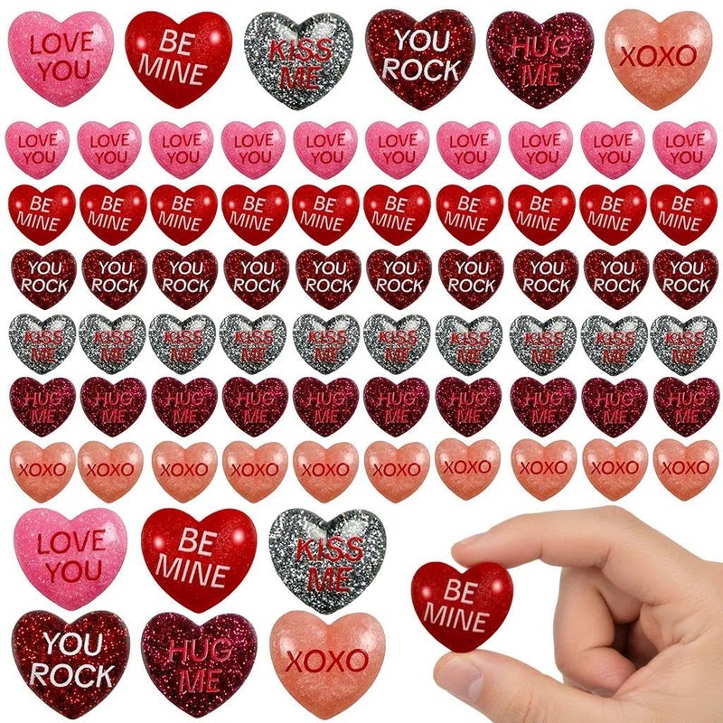 OceanCamel 60 Pcs Glitter Conversation Heart Charms Flatback, 1-Inch Resin Hearts with Dazzling Sparkle Finish for Valentines Day DIY Crafts, Jewelry Making and Bling Embellishments - Image 1