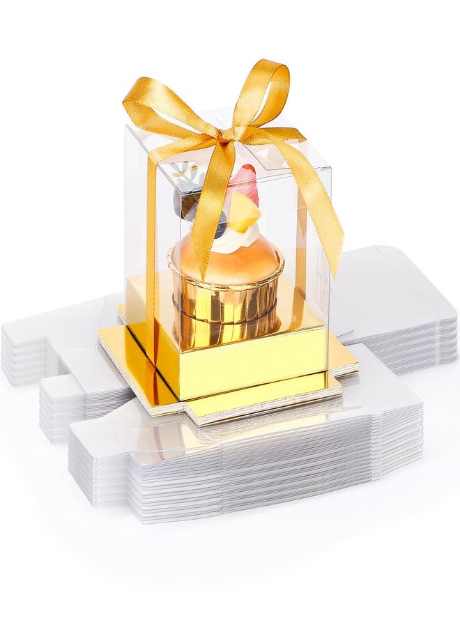 EUSOAR Individual Cupcake Wrappers, 24pcs 3.5 Inch Plastic Gold Cupcake Carrier with Ribbon and Inserts, Single Transparent Cupcake Holder Cake Containers with Lids for Wedding Birthday Party Favor - Image 1