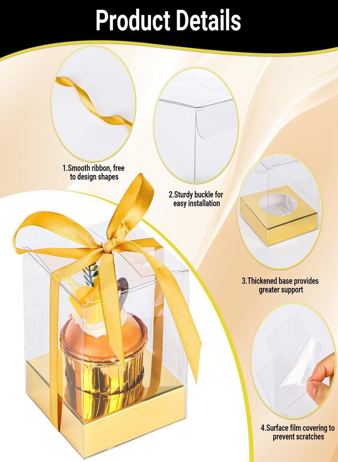 EUSOAR Individual Cupcake Wrappers, 24pcs 3.5 Inch Plastic Gold Cupcake Carrier with Ribbon and Inserts, Single Transparent Cupcake Holder Cake Containers with Lids for Wedding Birthday Party Favor - Image 3
