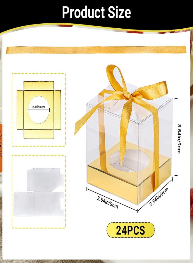 EUSOAR Individual Cupcake Wrappers, 24pcs 3.5 Inch Plastic Gold Cupcake Carrier with Ribbon and Inserts, Single Transparent Cupcake Holder Cake Containers with Lids for Wedding Birthday Party Favor - Image 2
