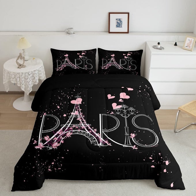 EIFFEL TOWER COMFORTER SET CHIC PARIS BEDDING SET ROMANTIC THEME COMFORTER FOR BOYS GIRLS CHILDREN TEENS BLACK PINK BEDROOM DECOR MODERN FRENCH STYLE DUVET SET TWIN SIZE WITH 1 PILLOW CASE