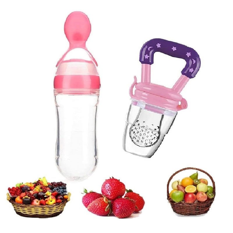 Chopchi Silicone Fruit Nibbler Pacifier 1 Pcs with 1 pcs Spoon Feeder Bottle for Infant Baby for 6+ Month Baby (2 Piece Combo Set-Pink) - Image 1