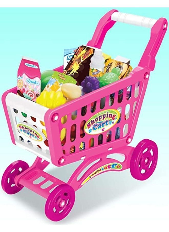 EASY FUTURE Simulation shopping cart Kids Mini Cart Toy Children Shopping Trolley Play Set With Fruit Vegetables Food Handcart Pink  - Image 1