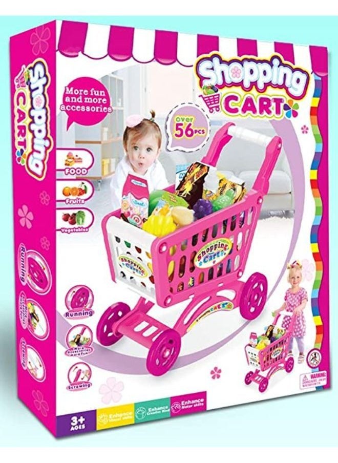 EASY FUTURE Simulation shopping cart Kids Mini Cart Toy Children Shopping Trolley Play Set With Fruit Vegetables Food Handcart Pink  - Image 3