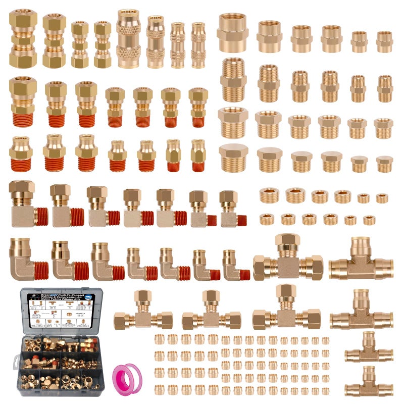 Ailbiuko 150Pcs Brass DOT PushToConnect Fittings Compression Air Nylon Tubing Fittings Assortment Kits14 18 38 12 Air Brake Line Air Hose Fittings for Truck or Industrial Air System - Image 2