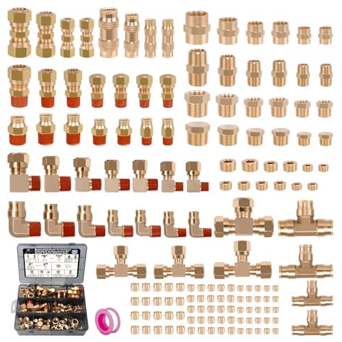 Ailbiuko 150Pcs Brass DOT PushToConnect Fittings Compression Air Nylon Tubing Fittings Assortment Kits14 18 38 12 Air Brake Line Air Hose Fittings for Truck or Industrial Air System - Image 1