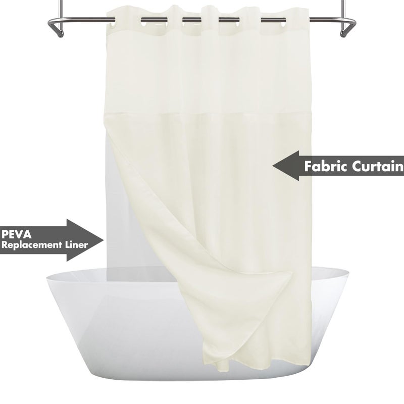 River Dream Extra Long No Hook Slub Textured Shower Curtain with Snap-in PEVA Liner Set - 71"" x 98""(96"")  Hotel Style with See Through Top Window  Cream Fabric Curtain & Waterproof Liner  Sand  W71xH96 - Image 2