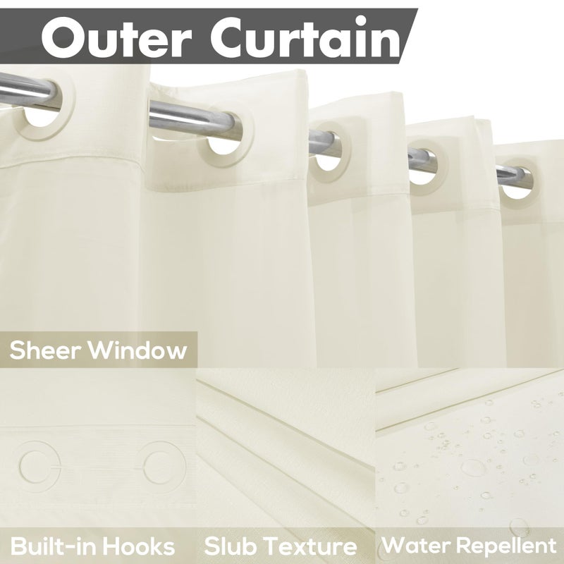 River Dream Extra Long No Hook Slub Textured Shower Curtain with Snap-in PEVA Liner Set - 71"" x 98""(96"")  Hotel Style with See Through Top Window  Cream Fabric Curtain & Waterproof Liner  Sand  W71xH96 - Image 3