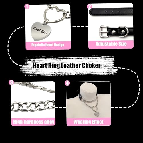 paloli Leather Slip Chain Choker – Adjustable PU Vegan Collar With Heart Ring & Cuban Chain, Letter Heart Pendant Necklace for Women - Image 5
