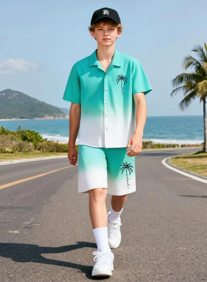 تايك تو طقم منسق من قميص وشورت بنمط استوائي للرجال
