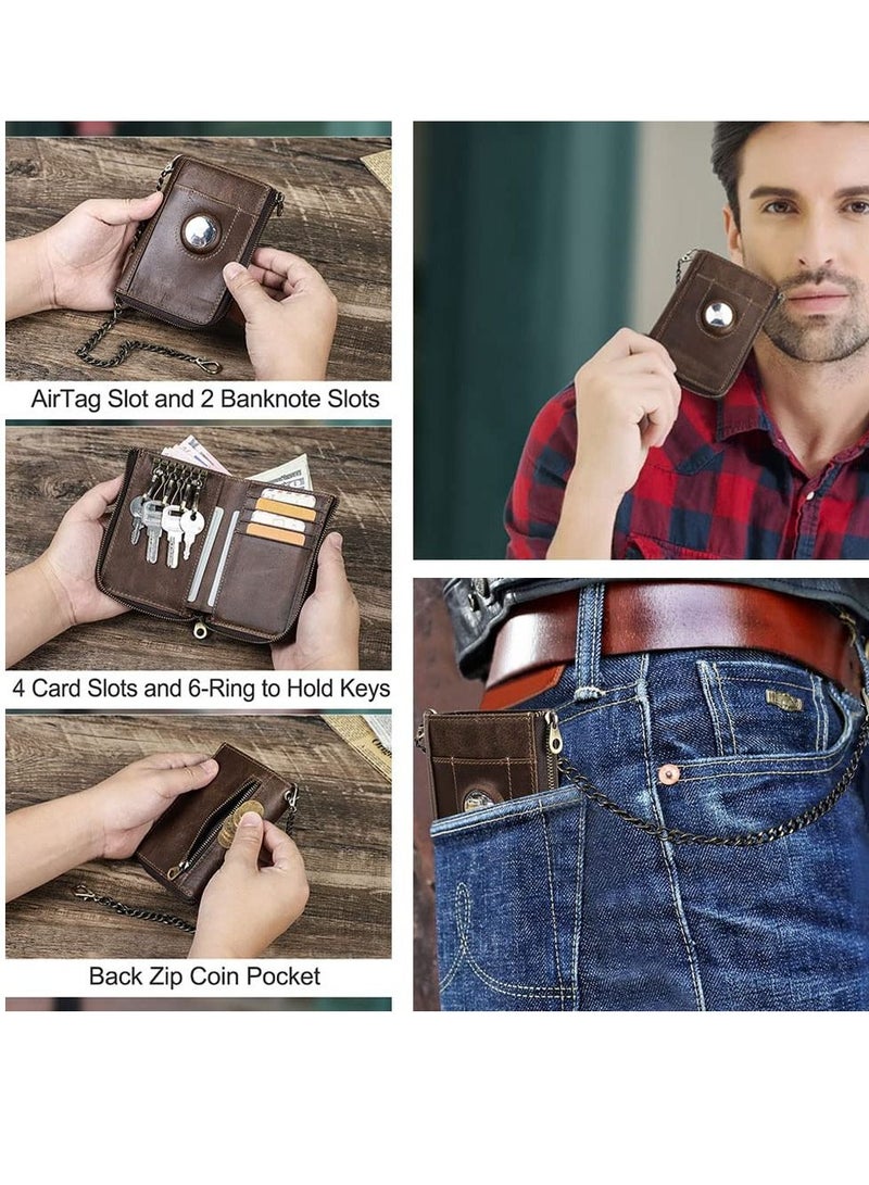 SYOSI Mens Bifold Wallet Chain Leather Key Wallet for Men AirTag Purse Credit Card Wallet Slim PU Leather Money Clip Key Wallet for Men Zipper Wallet Coin Card Holder with RFID Blocking Coffee  - Image 2