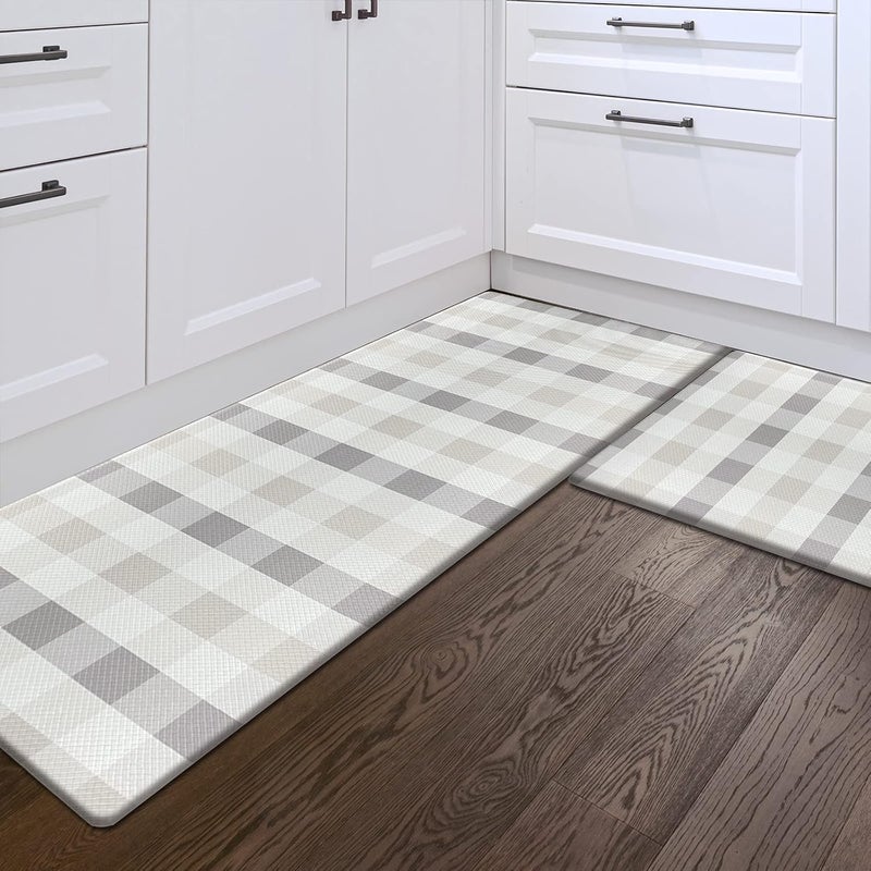 Sunlit Set of 2 Anti Fatigue Kitchen Floor Mat, Non Slip Waterproof Comfort Standing Mat, 0.4Inch Thick Cushioned Farmhouse Kitchen Rug Runner, Buffalo Plaid(Size:17"x28"&17"x47") Light Coffee - Image 1