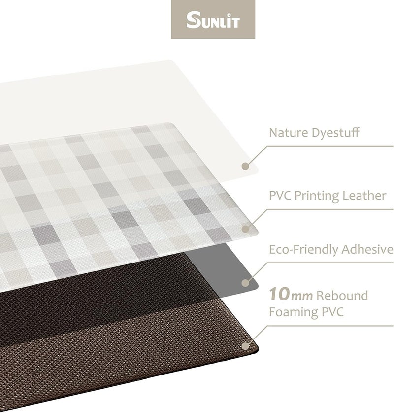 Sunlit Set of 2 Anti Fatigue Kitchen Floor Mat, Non Slip Waterproof Comfort Standing Mat, 0.4Inch Thick Cushioned Farmhouse Kitchen Rug Runner, Buffalo Plaid(Size:17"x28"&17"x47") Light Coffee - Image 4