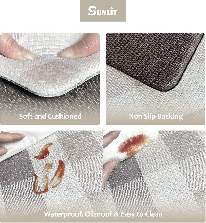 Sunlit Set of 2 Anti Fatigue Kitchen Floor Mat, Non Slip Waterproof Comfort Standing Mat, 0.4Inch Thick Cushioned Farmhouse Kitchen Rug Runner, Buffalo Plaid(Size:17"x28"&17"x47") Light Coffee - Image 5