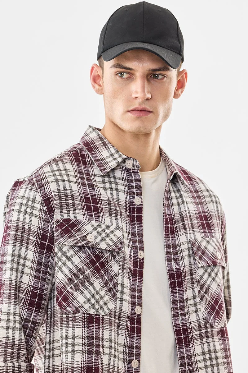 سنيتش Burgundy Checkered Long Sleeve Relaxed Overshirt