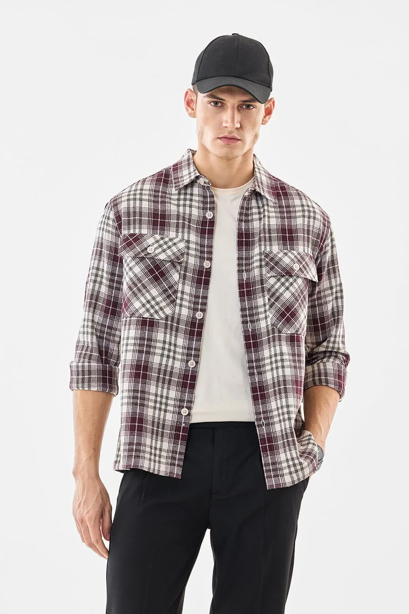 SNITCH Burgundy Checkered Long Sleeve Relaxed Overshirt