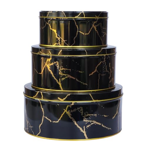 hadaaya Pack of 3 Round Metal Nesting Tins Stackable Storage Containers with Lids for Cookies, Candy, Snacks, Crafts & Kitchen Storage Black & Gold Gift Tin Box for Mother's Day - Image 1