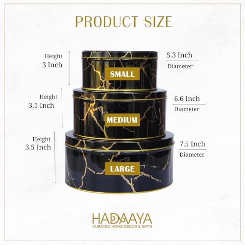 hadaaya Pack of 3 Round Metal Nesting Tins Stackable Storage Containers with Lids for Cookies, Candy, Snacks, Crafts & Kitchen Storage Black & Gold Gift Tin Box for Mother's Day - Image 2