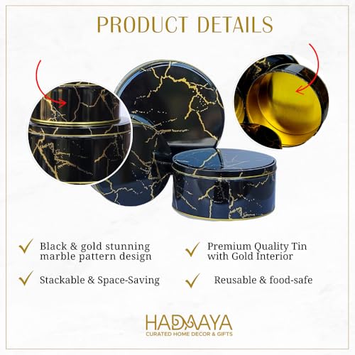 hadaaya Pack of 3 Round Metal Nesting Tins Stackable Storage Containers with Lids for Cookies, Candy, Snacks, Crafts & Kitchen Storage Black & Gold Gift Tin Box for Mother's Day - Image 3