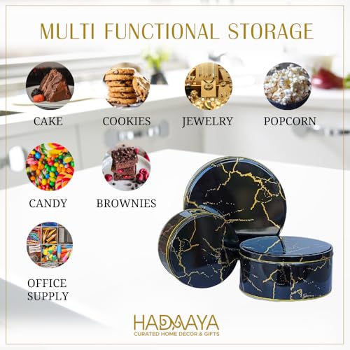 hadaaya Pack of 3 Round Metal Nesting Tins Stackable Storage Containers with Lids for Cookies, Candy, Snacks, Crafts & Kitchen Storage Black & Gold Gift Tin Box for Mother's Day - Image 4
