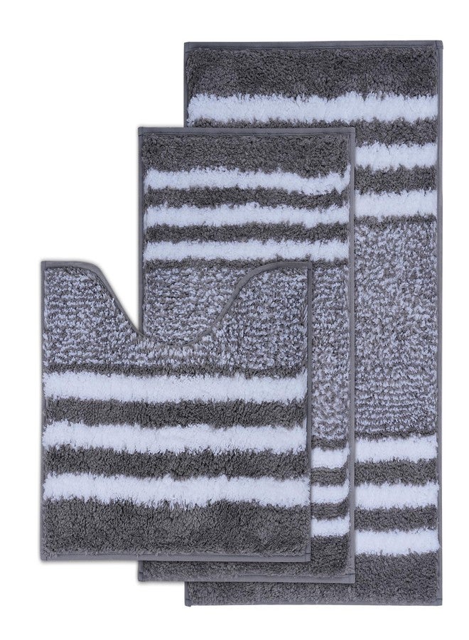 WCBSTT 3 Piece Striped Bathroom Rug Set - U-Shaped Toilet Rug, Non-Slip Rubber Bottom, Ultra Soft Microfiber, Quick Dry - (Grey) - Image 1