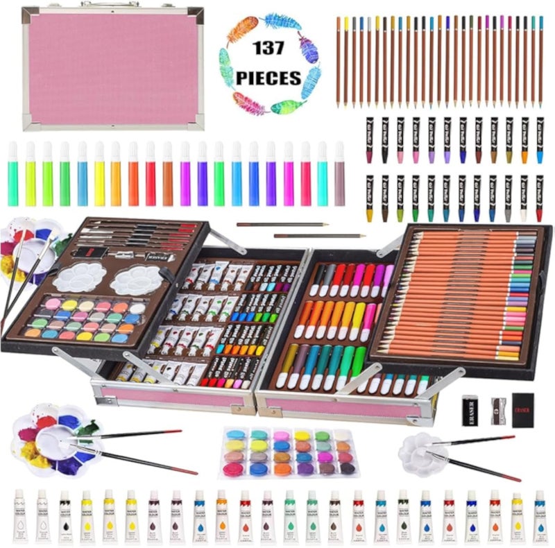 PYEBE Kids Art Supplies 145PC Painting Set, 2 Layers Art Portable Aluminum Case Art Kit for Kids, Teens, Adults Great Gift for Beginner and Serious Artists (Pink)