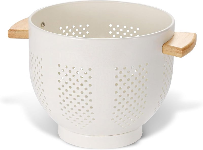 BeFare Metal Colander with Wood Handle and Stable Base, Powder Coated Steel Kitchen Strainer Basket for Draining Pasta, Vegetable and fruit (7quart,Cream) - Image 1