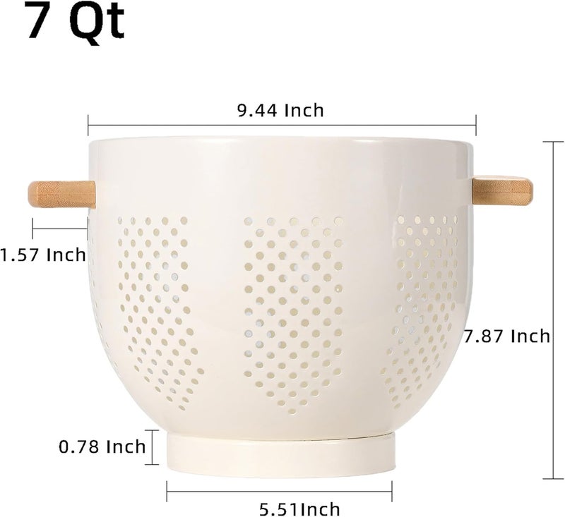 BeFare Metal Colander with Wood Handle and Stable Base, Powder Coated Steel Kitchen Strainer Basket for Draining Pasta, Vegetable and fruit (7quart,Cream) - Image 2