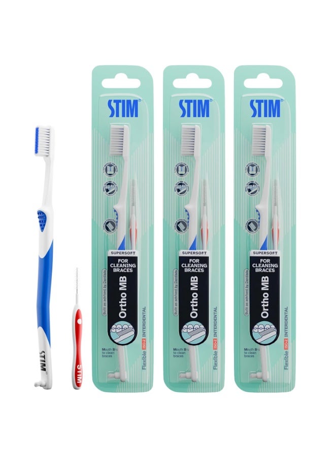 STIM Ortho MB Toothbrush For Braces, Super Soft Bristles For Adults - Pack of 3 - Image 1