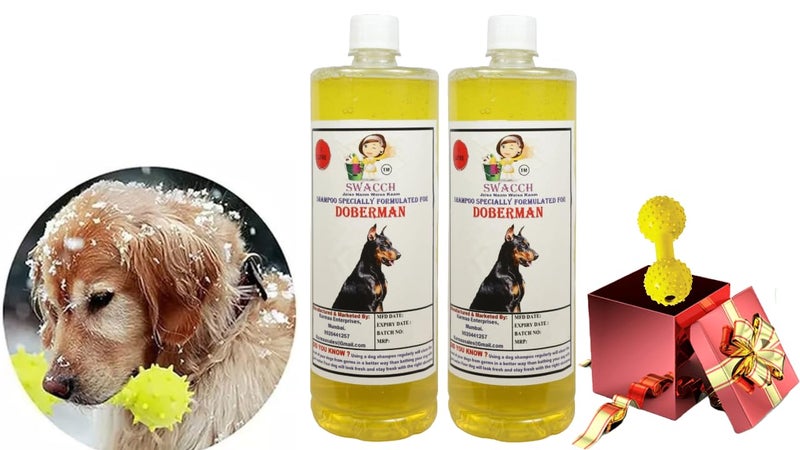 swacch Doberman Dog Shampoo + Dumbbell Toy I Durable Rubber Dog Toy for Chewing I Playing,Teeth Cleaning & Training Toy I Combo Pack I 1 Litre Pack of 2 Lemon - Image 1