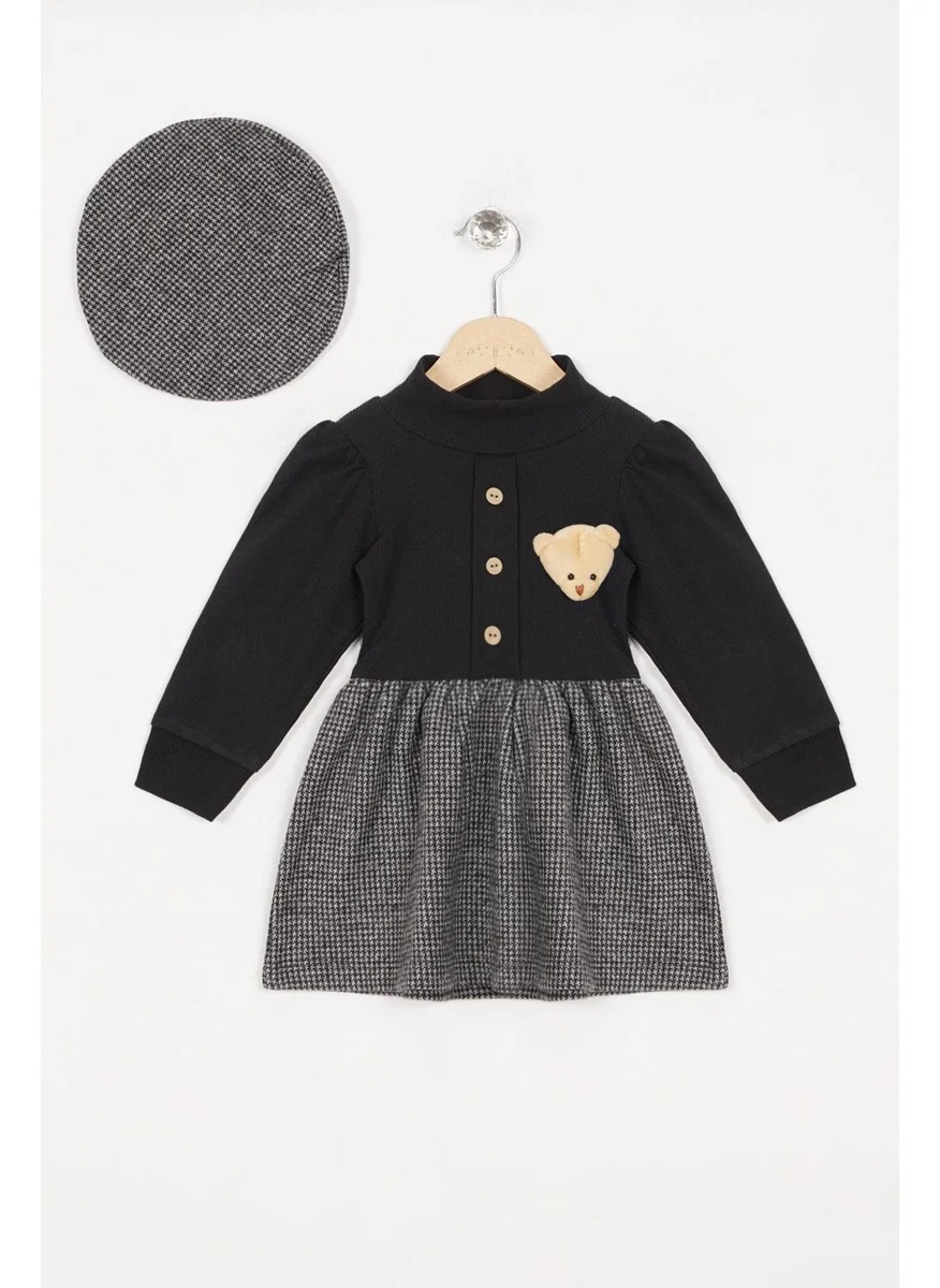 Acar Half Turtleneck Long Sleeve Skirt Plaid Button Detailed Teddy Bear Hat Gray Color Girl's Dress