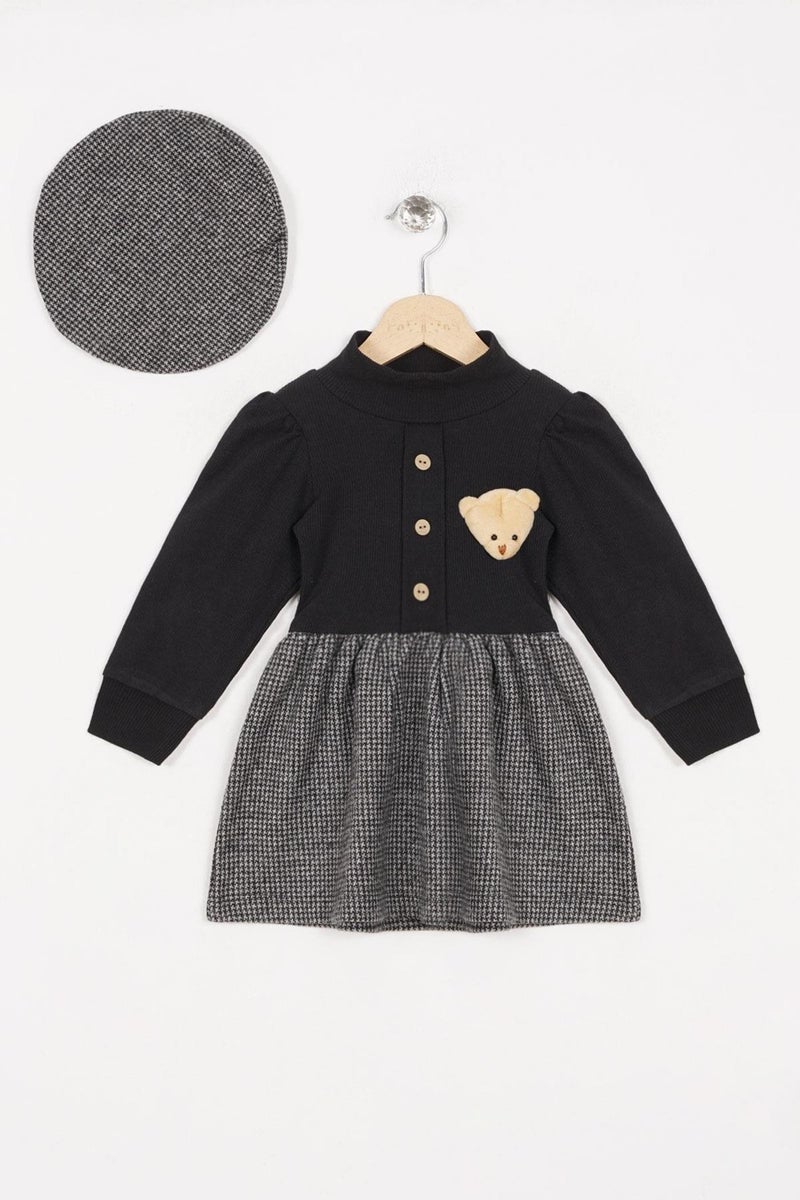 Acar Half Turtleneck Long Sleeve Skirt Plaid Button Detailed Teddy Bear Hat Gray Color Girl's Dress - Image 1